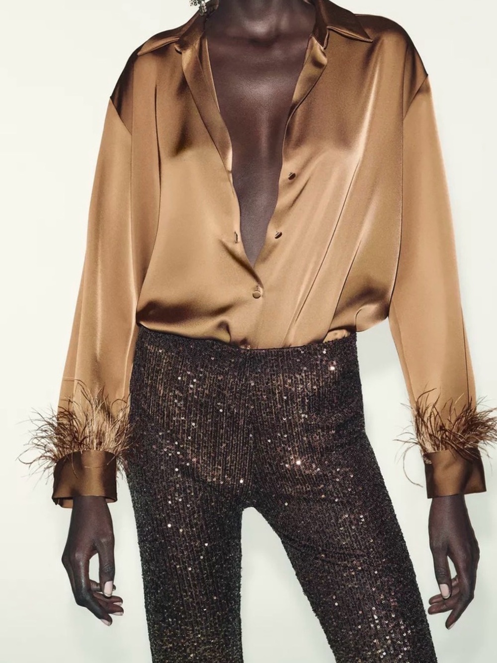 🔥🔥Zara Satin Feather-Cuff Blouse - Gold